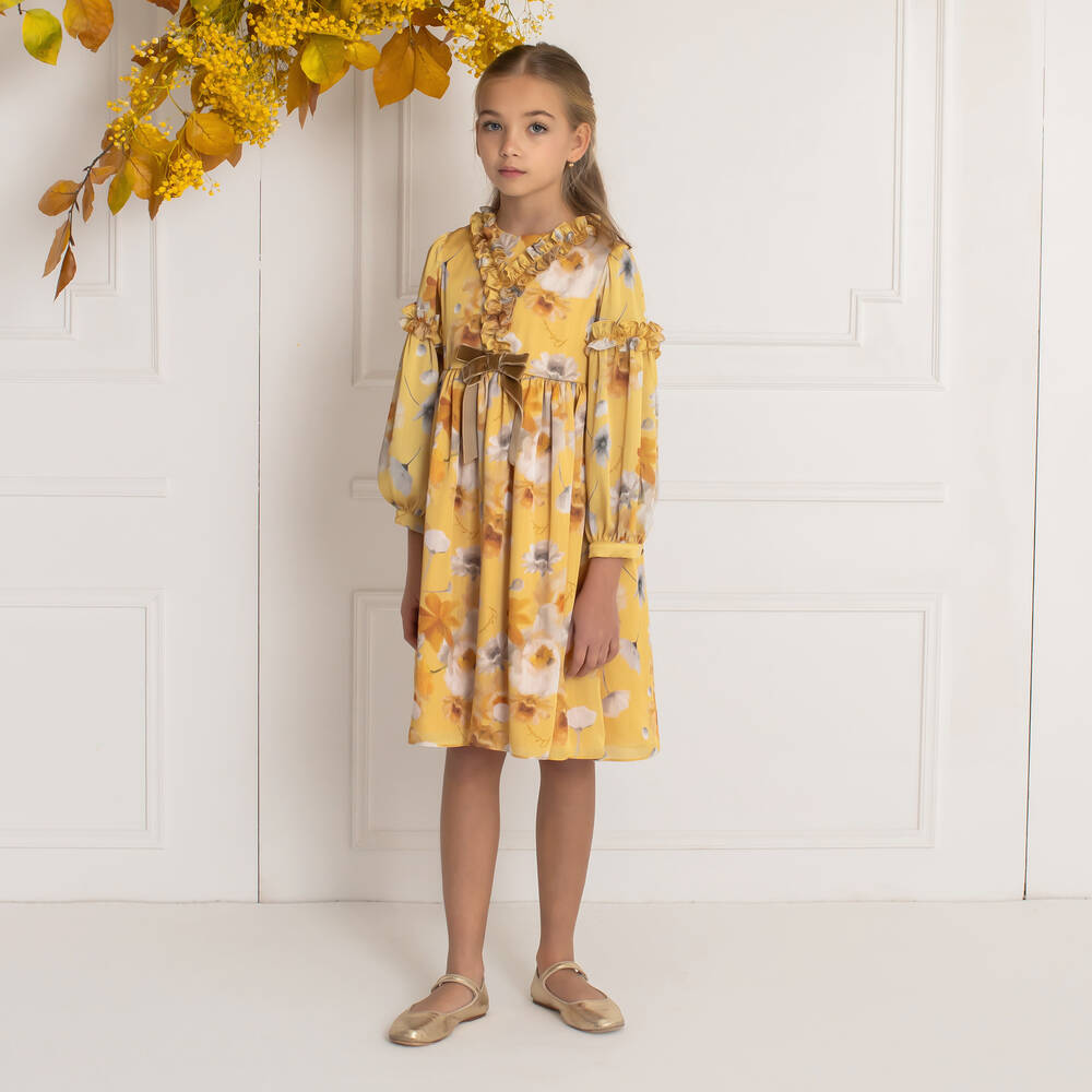 Yellow floral chiffon dress discount