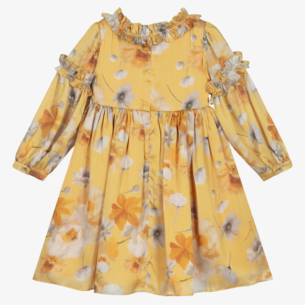 Patachou-Girls Yellow Floral Chiffon Dress | Childrensalon Outlet