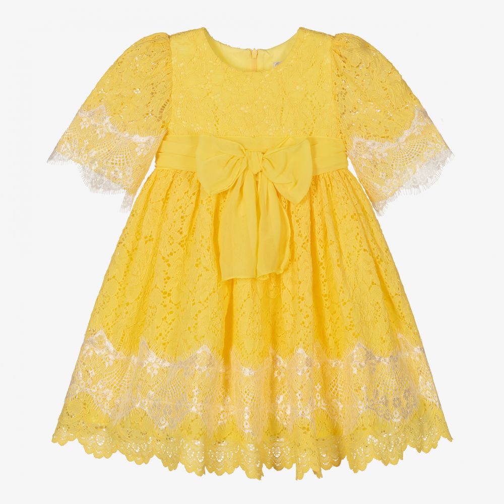 Patachou - فستان قطن مزين بدانتيل لون أصفر فاقع  | Childrensalon
