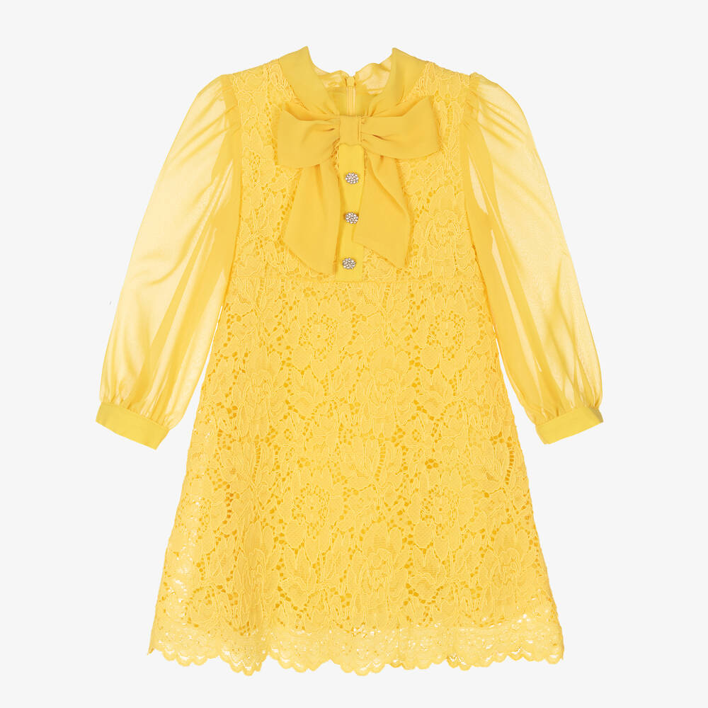 Patachou - فستان قطن مزين بدانتيل لون أصفر | Childrensalon