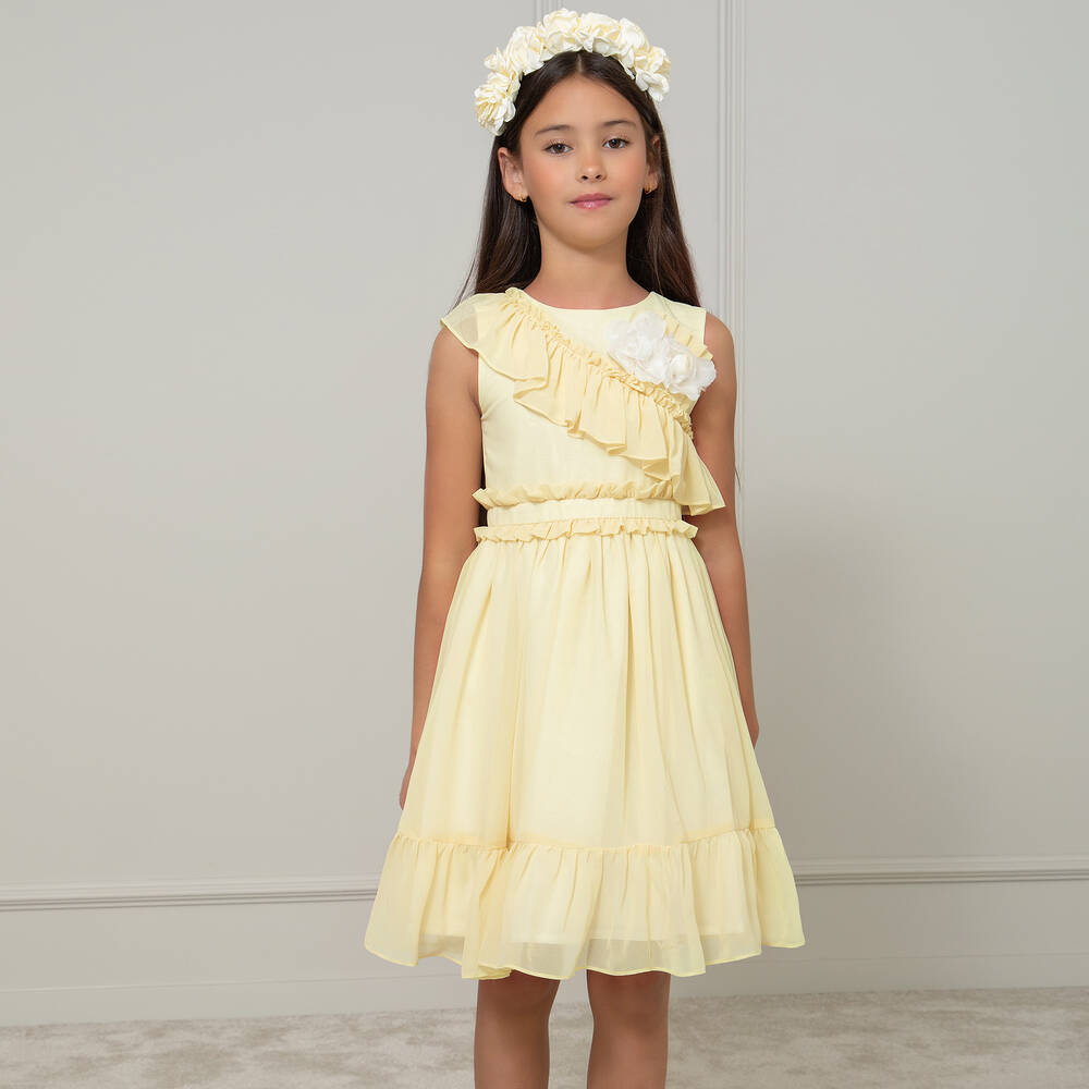 Patachou-Girls Yellow Ruffle Crêpe Chiffon Dress | Childrensalon Outlet