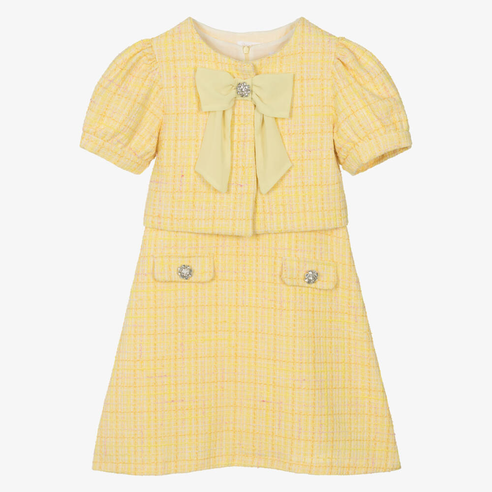 Patachou-Girls Yellow Tweed Dress & Jacket Set | Childrensalon Outlet