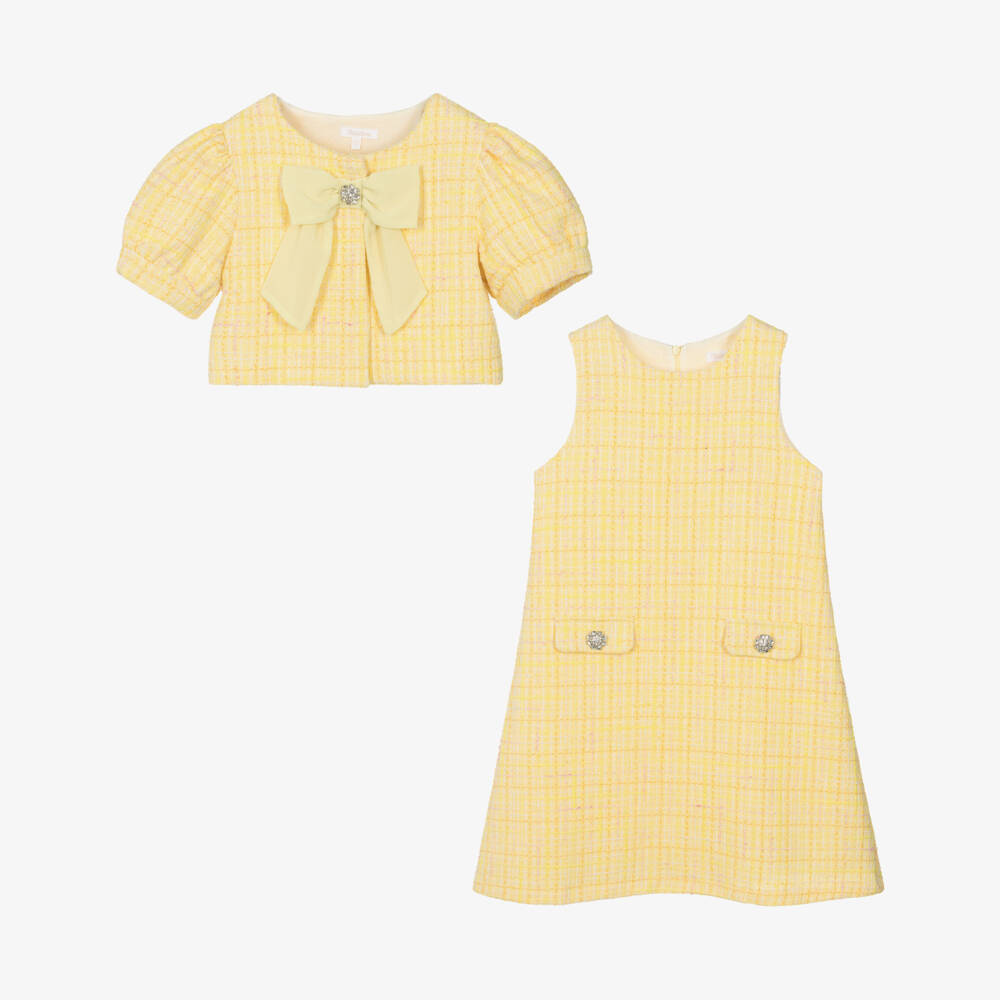 Patachou-Girls Yellow Tweed Dress & Jacket Set | Childrensalon Outlet