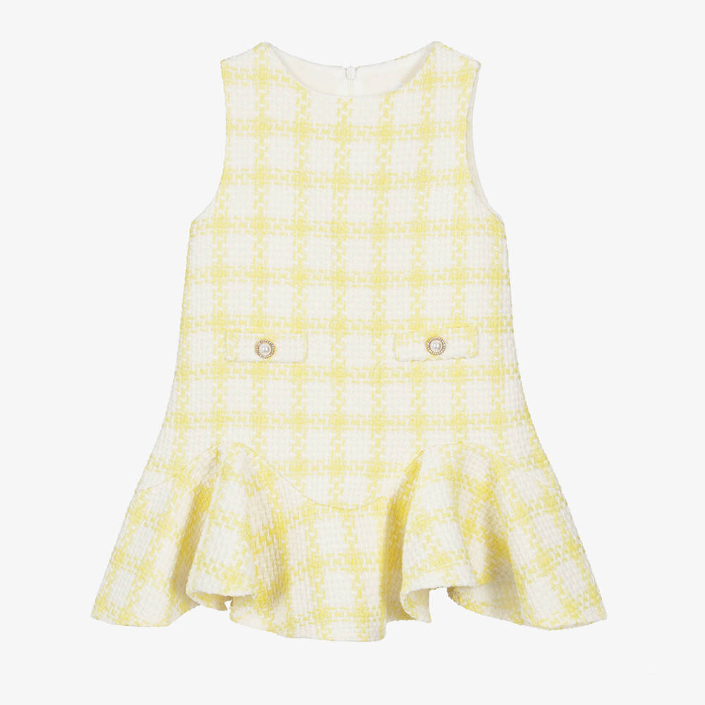 Patachou-Girls Yellow & White Checked Tweed Dress | Childrensalon Outlet