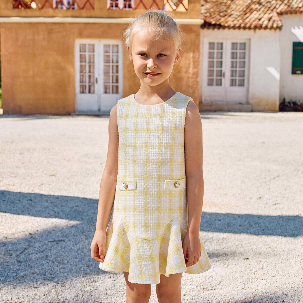 Patachou-Girls Yellow & White Checked Tweed Dress | Childrensalon Outlet