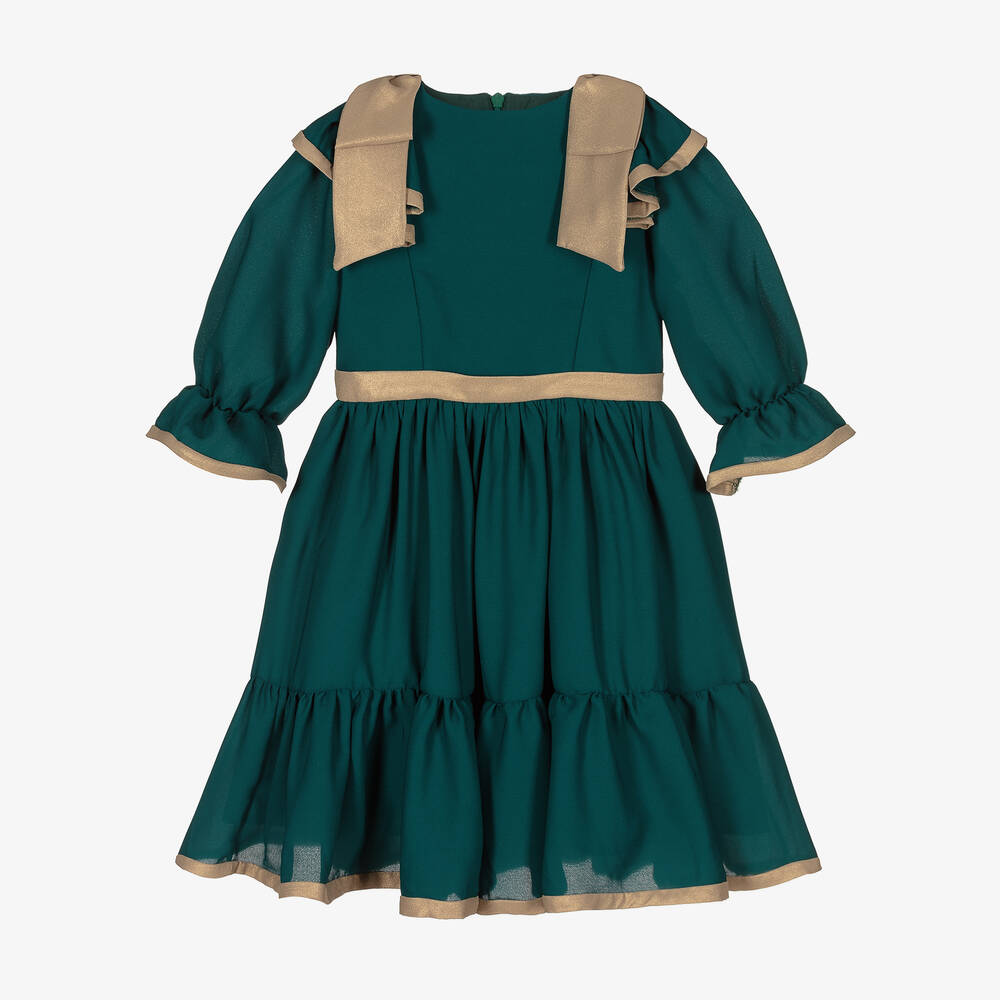 Patachou - Schleifen-Chiffonkleid Grün & Gold | Childrensalon