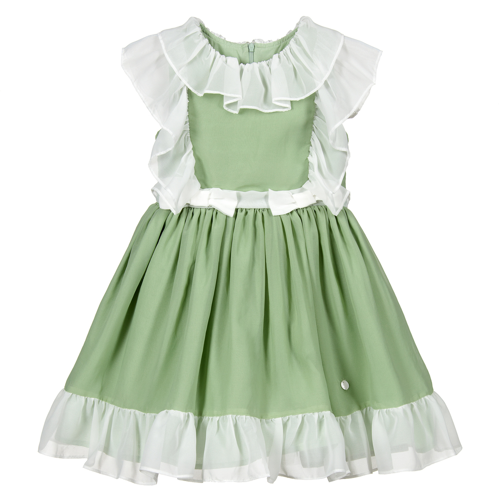 Patachou - Robe verte et ivoire en mousseline | Childrensalon