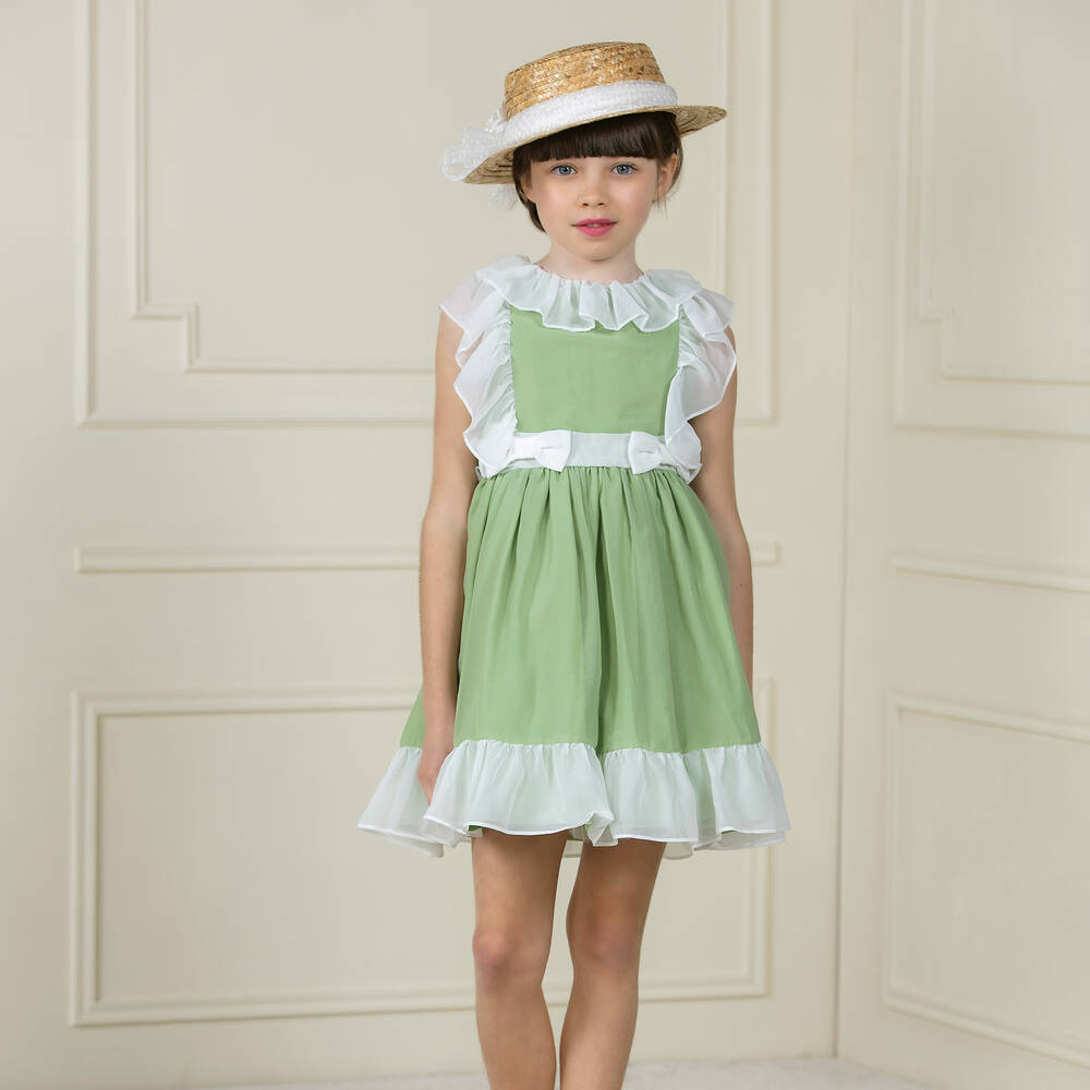 Patachou-Платье из шифона цвета слоновой кости и зеленого цвета | Childrensalon Outlet