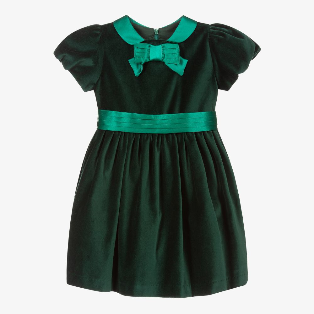 Patachou-فستان مخمل جيرسي مزين بفيونكة لون أخضر | Childrensalon Outlet