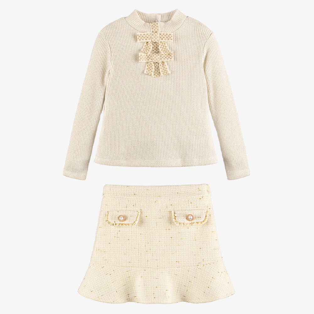 Patachou-Ivory & Gold Tweed Skirt Set | Childrensalon Outlet