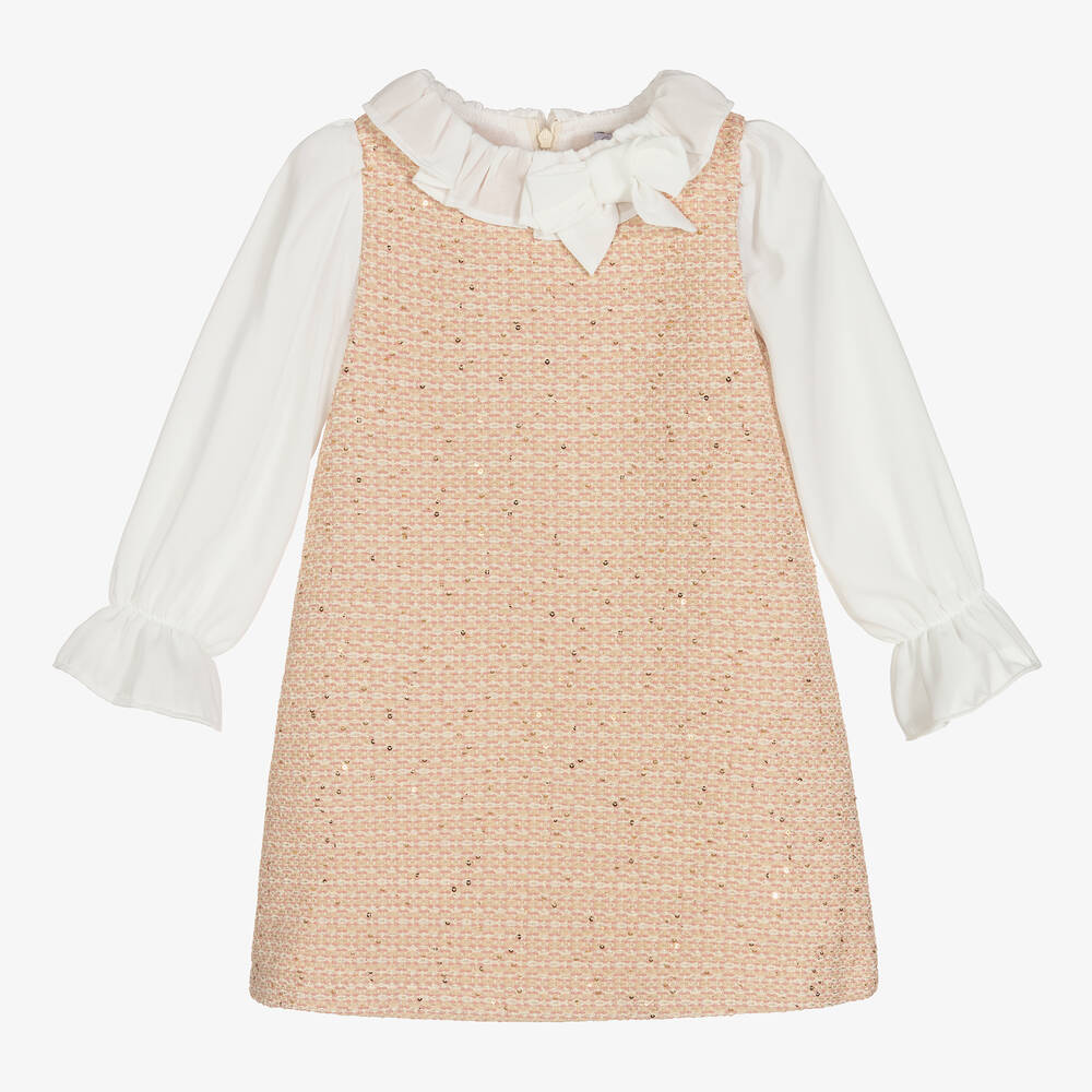 Patachou - Ivory & Pink Tweed Dress | Childrensalon