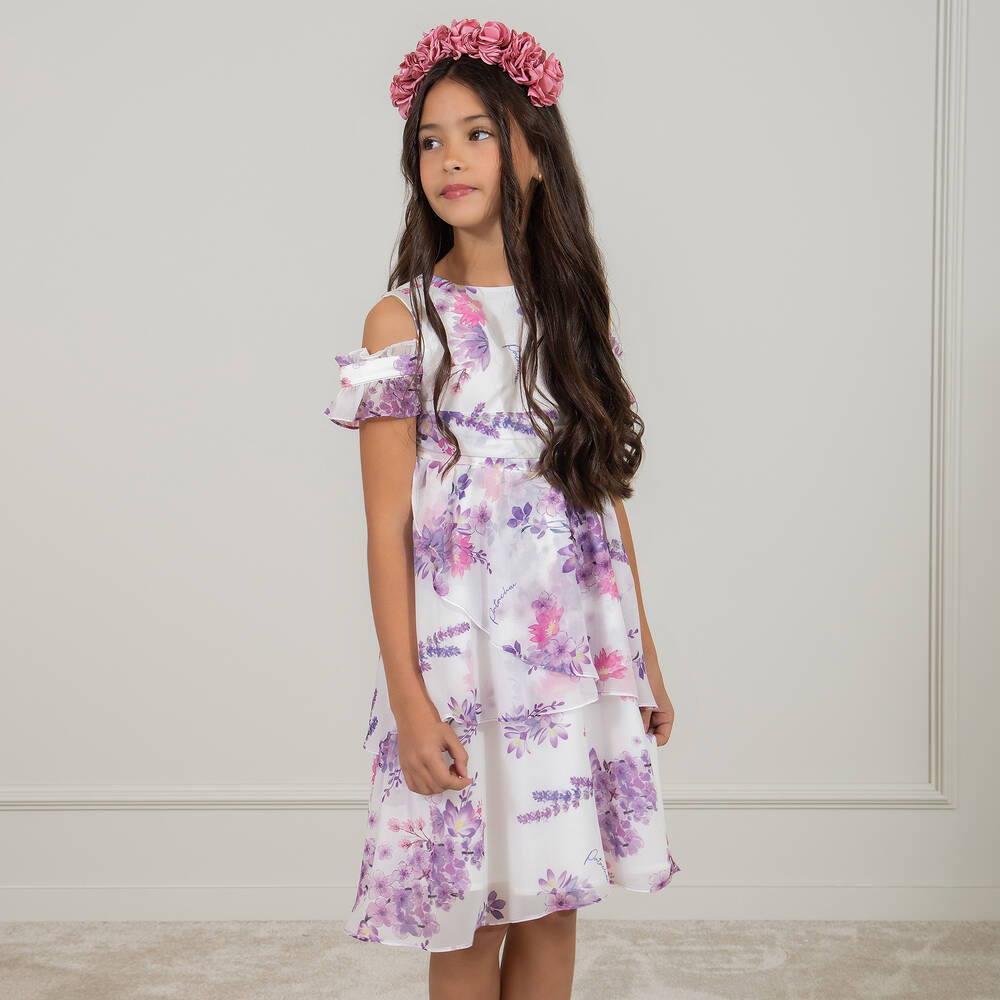 Patachou-فستان شيفون لون بنفسجي وعاجي بطبعة ورود | Childrensalon Outlet