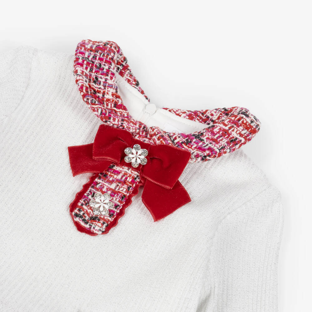 Patachou-Ivory & Red Tweed Knitted Bow Dress | Childrensalon Outlet
