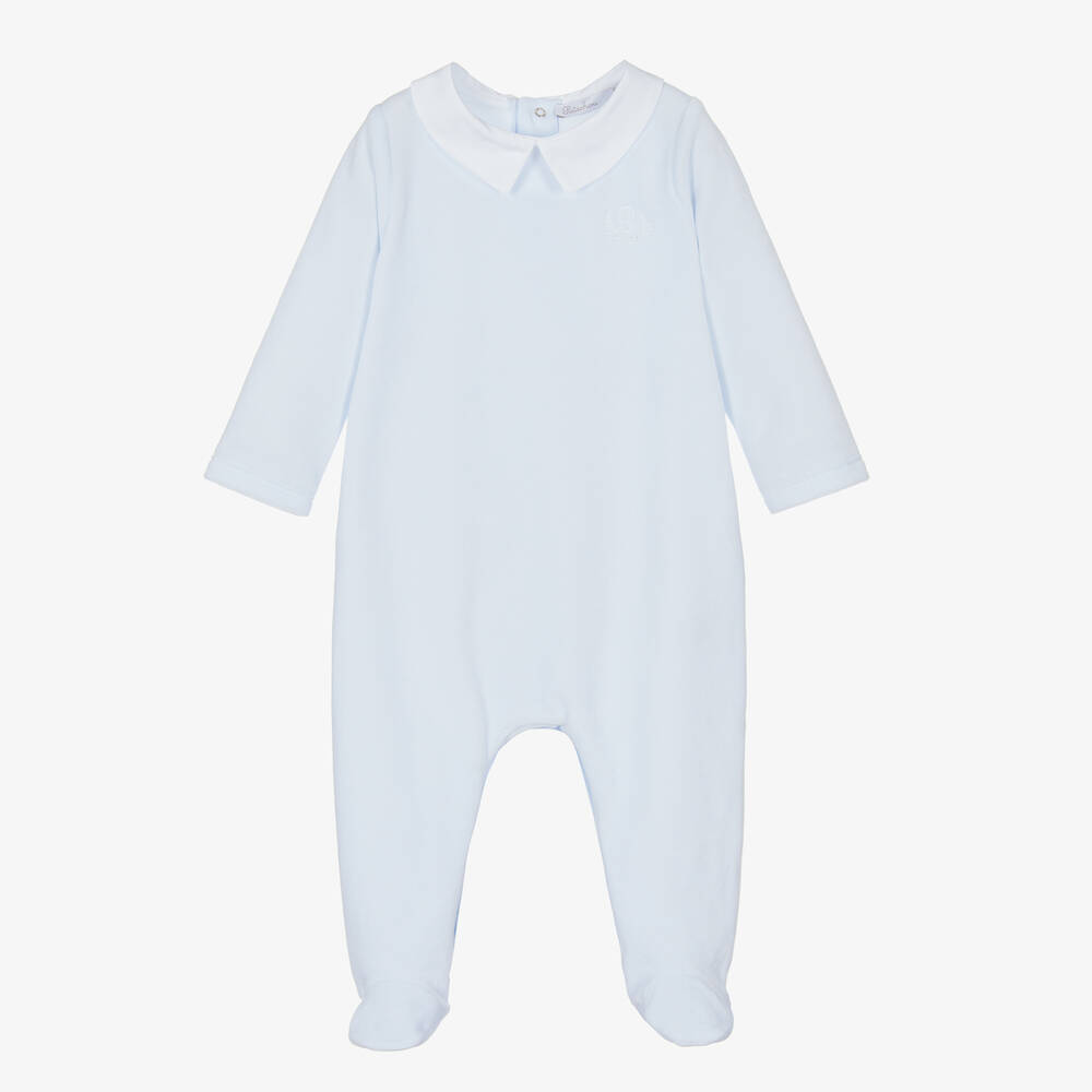 Patachou - Pale Blue Velour Babygrow | Childrensalon