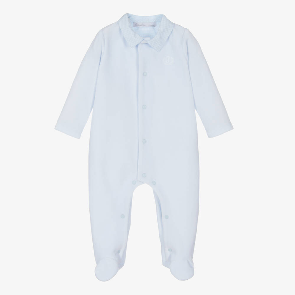 Patachou - Pale Blue Velour Babygrow | Childrensalon