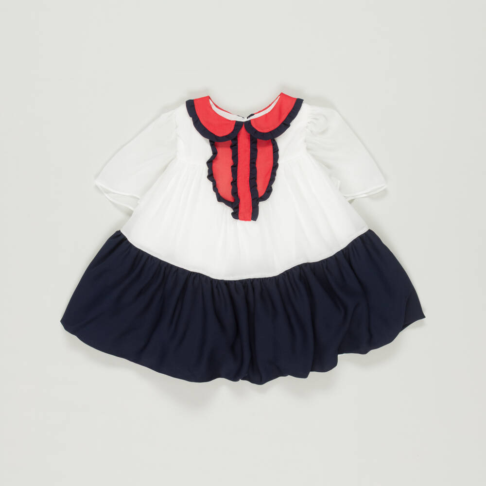 Patachou-Preloved Girls White & Blue Chiffon Dress (9 months) | Childrensalon Outlet