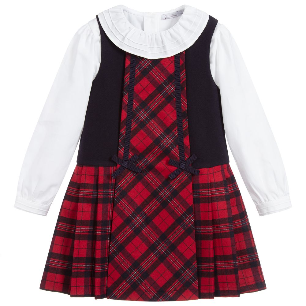 Patachou - فستان تارتان و قميص قطن لون أحمر،كحلي و أبيض  | Childrensalon