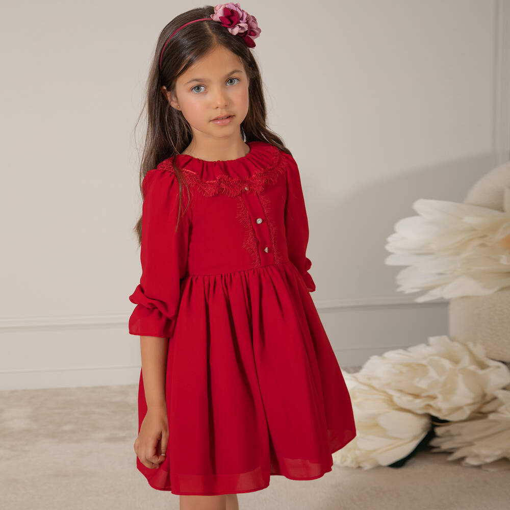Patachou-Красное шифоновое платье с кружевной отделкой | Childrensalon Outlet