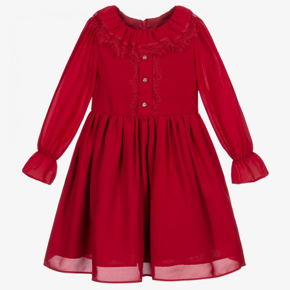 Patachou - Rotes Chiffonkleid mit Spitzenbesatz | Childrensalon