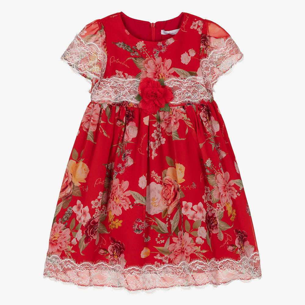 Patachou - Red Floral Chiffon & Lace Dress | Childrensalon
