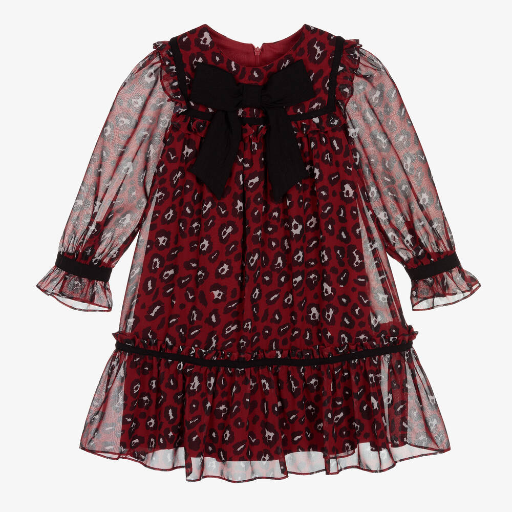 Patachou - Rotes Chiffonkleid mit Leopardenmuster  | Childrensalon