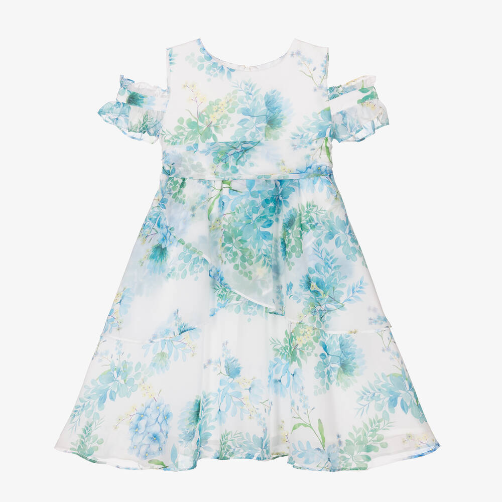 Patachou - Blumen-Chiffonkleid in Weiß & Blau | Childrensalon