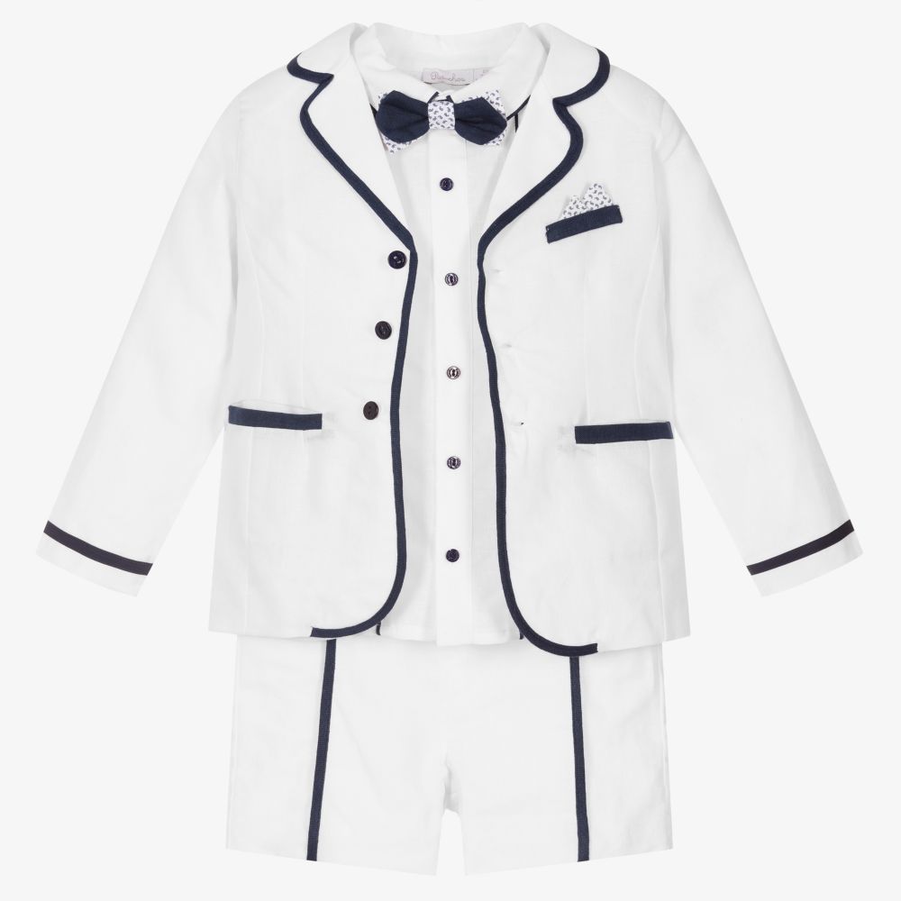 Patachou - White & Blue Linen Shorts Suit | Childrensalon