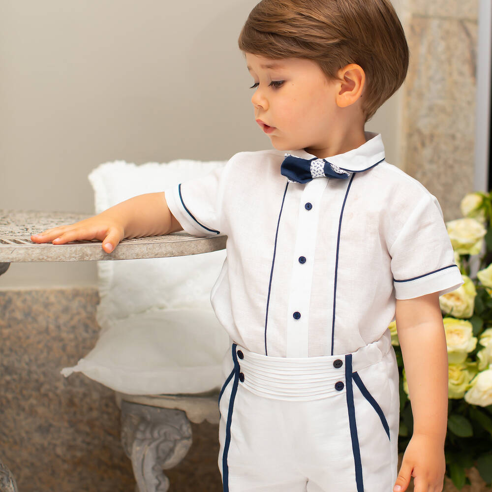 Patachou-White & Blue Linen Shorts Suit | Childrensalon Outlet