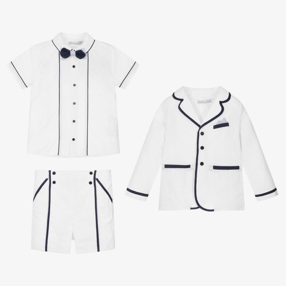 Patachou-White & Blue Linen Shorts Suit | Childrensalon Outlet