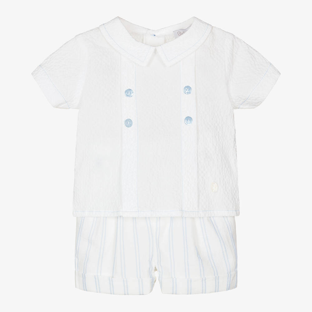 Patachou - White & Blue Stripe Cotton Baby Shorts Set | Childrensalon