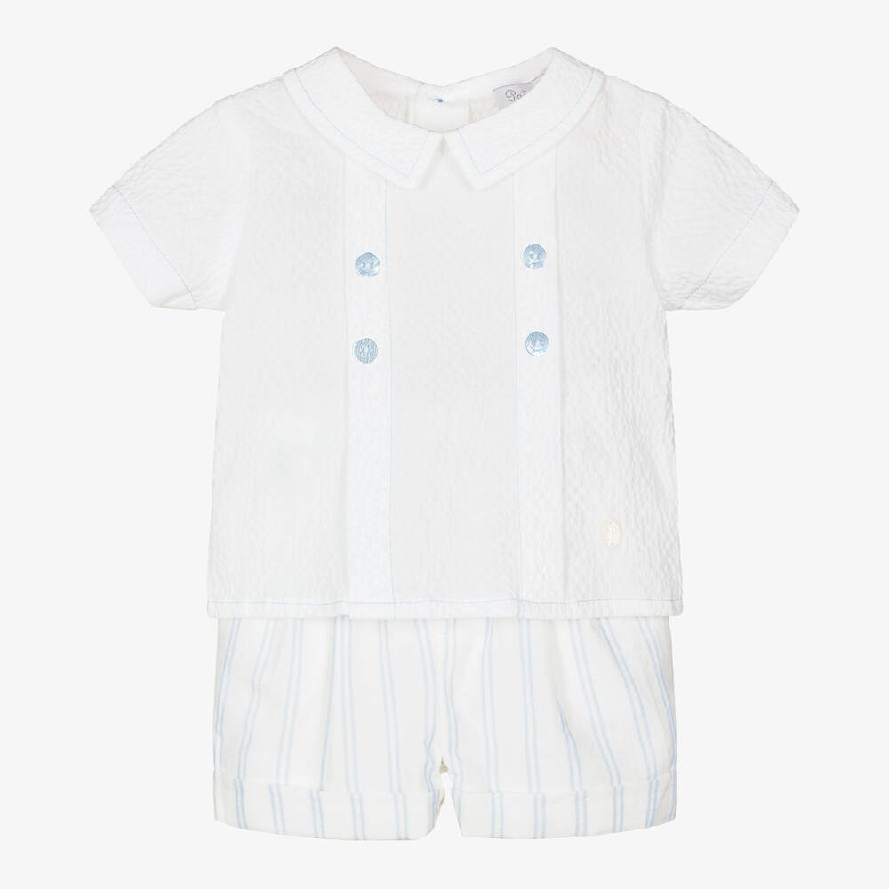 Patachou-White & Blue Stripe Cotton Baby Shorts Set | Childrensalon Outlet