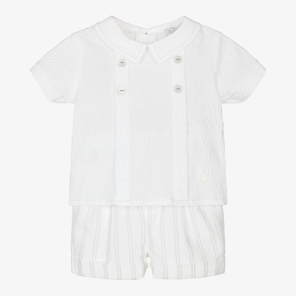 Patachou - White & Grey Stripe Cotton Baby Shorts Set | Childrensalon