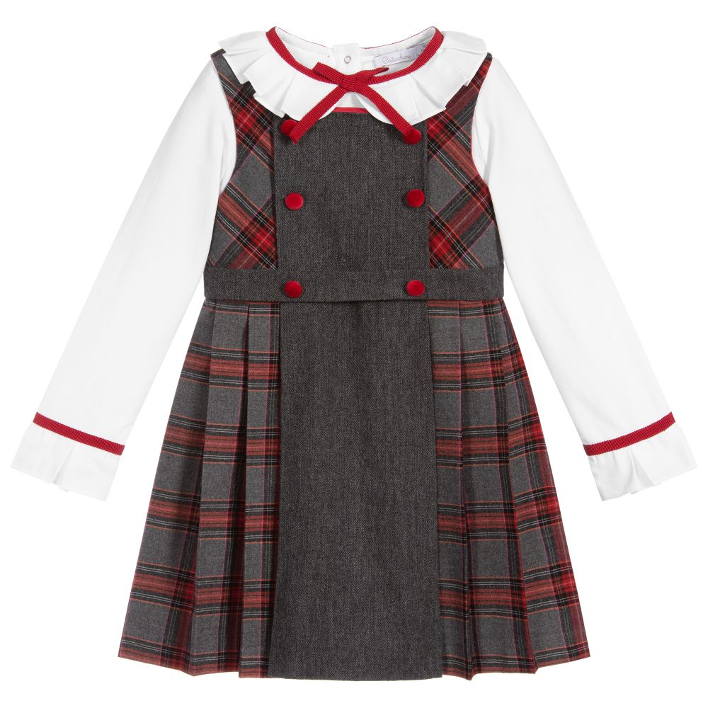 Patachou - Комплект белого и серого цвета с платьем в шотландскую клетку | Childrensalon