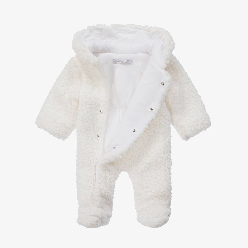 Patachou-White Hooded Fleece Baby Pramsuit | Childrensalon Outlet