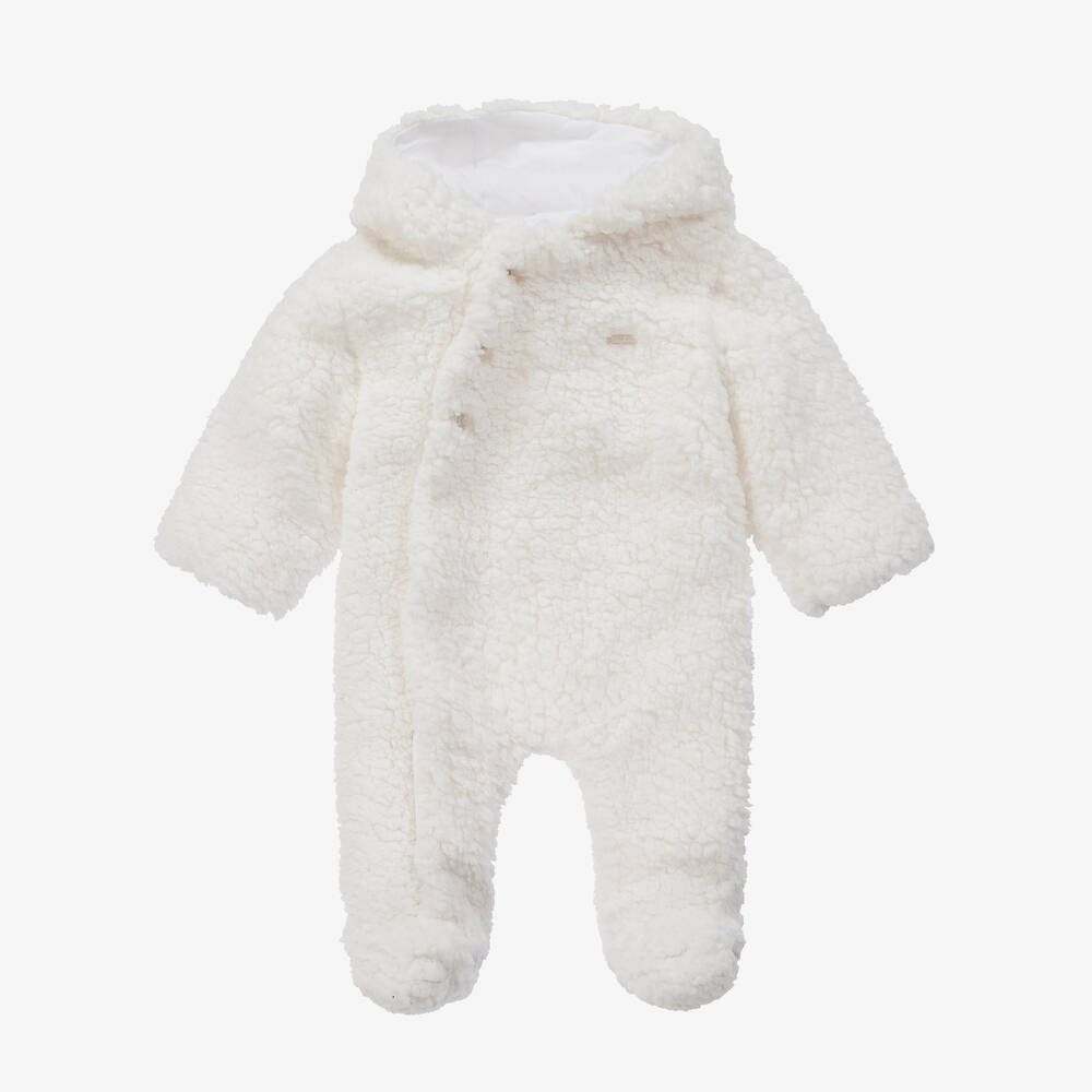 Patachou - White Hooded Fleece Baby Pramsuit | Childrensalon
