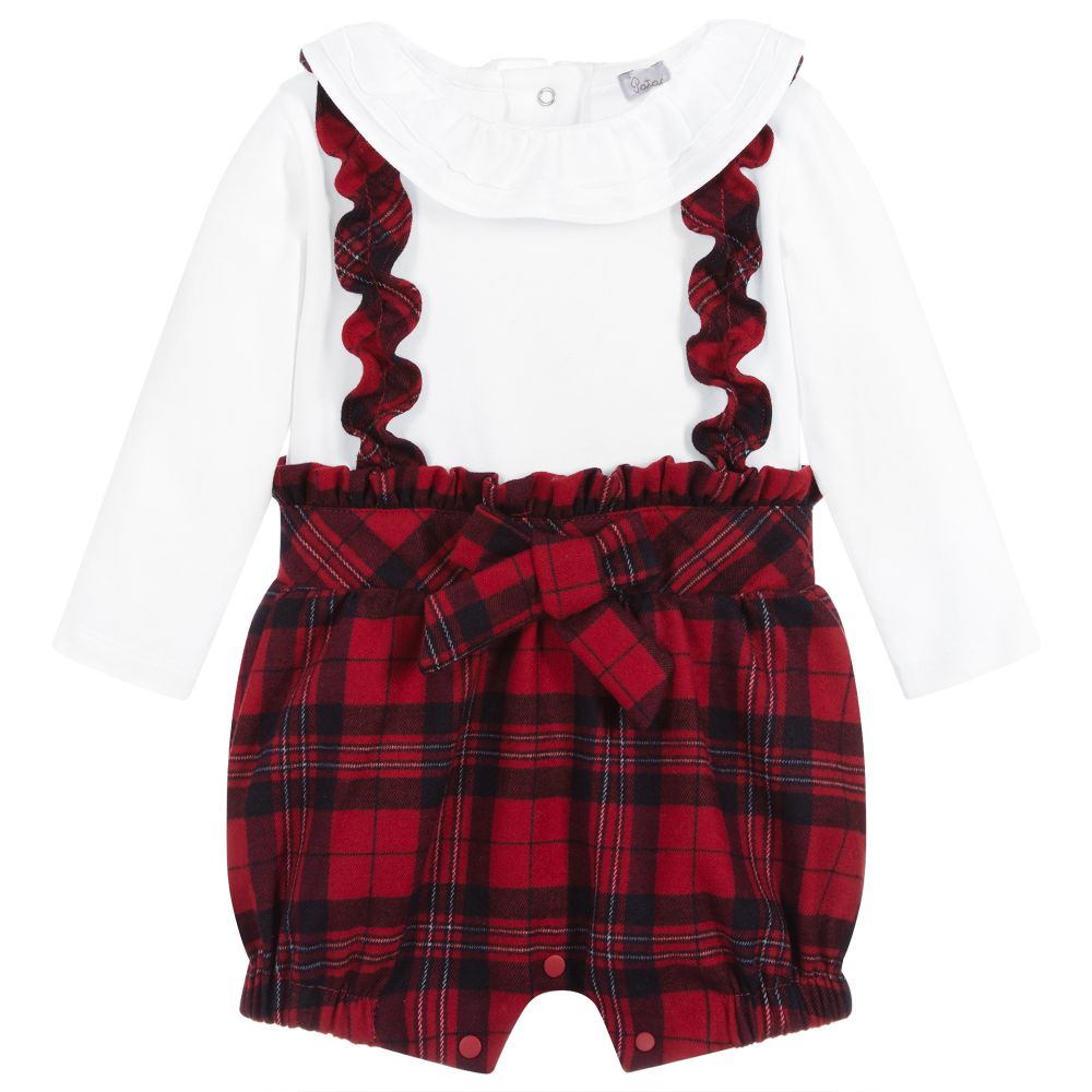 Patachou - Короткий комбинезон с белым верхом и красными шортами в шотландскую клетку | Childrensalon