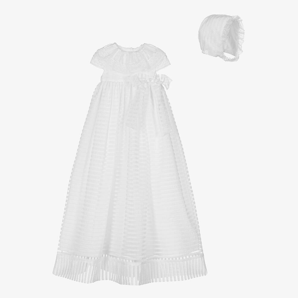 Patachou - طقم ثوب مراسم أورغانزا مقلم لون أبيض للمولودات | Childrensalon