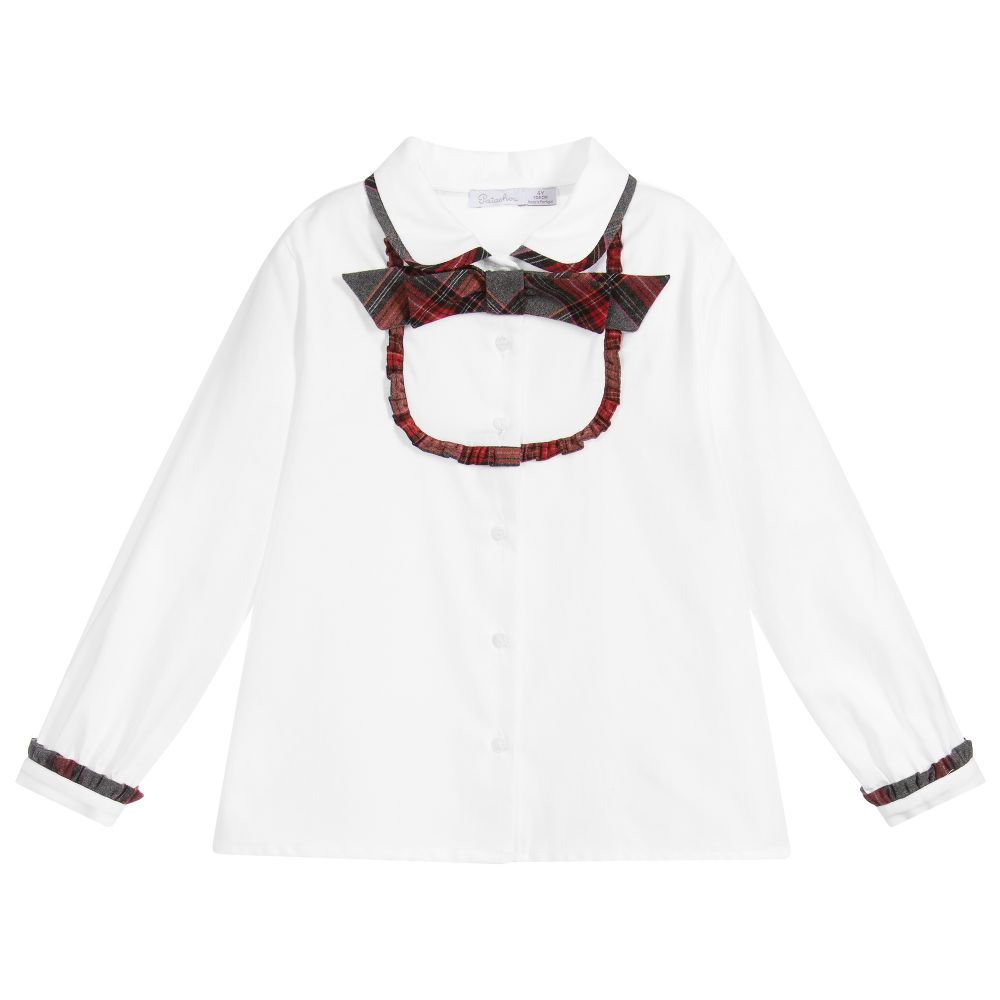 Patachou - Белая хлопковая блузка с отделкой в шотландскую клетку | Childrensalon