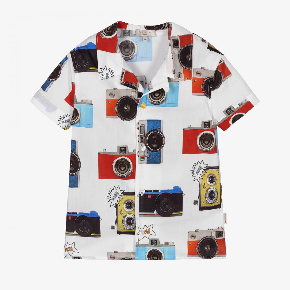 Paul Smith Junior - Белая хлопковая рубашка с камерами для мальчиков | Childrensalon