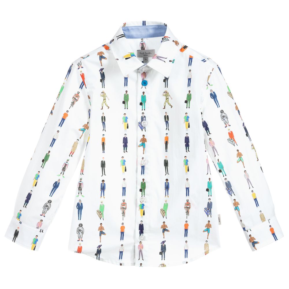 Paul Smith Junior - قميص قطن لون أبيض بطبعة ملونة للأولاد | Childrensalon