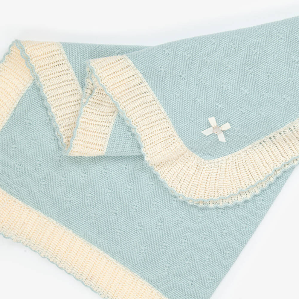 PAZ Rodríguez-Aqua Blue & Ivory Wool Knit Baby Shawl (100cm) | Childrensalon Outlet