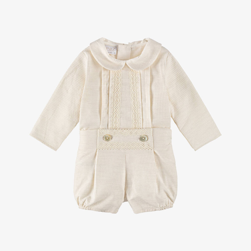 PAZ Rodríguez-Baby Boys Beige Cotton Buster Suit with Lace Trims | Childrensalon Outlet