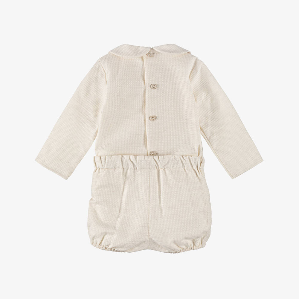 PAZ Rodríguez-Baby Boys Beige Cotton Buster Suit with Lace Trims | Childrensalon Outlet