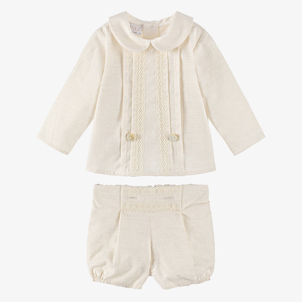 PAZ Rodríguez-Baby Boys Beige Cotton Buster Suit with Lace Trims | Childrensalon Outlet
