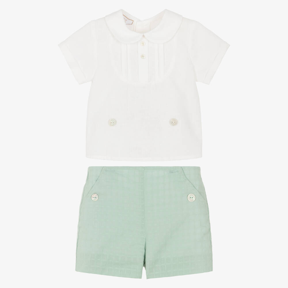 PAZ Rodríguez-Baby Boys Ivory & Aqua Green Linen Buster Suit | Childrensalon Outlet