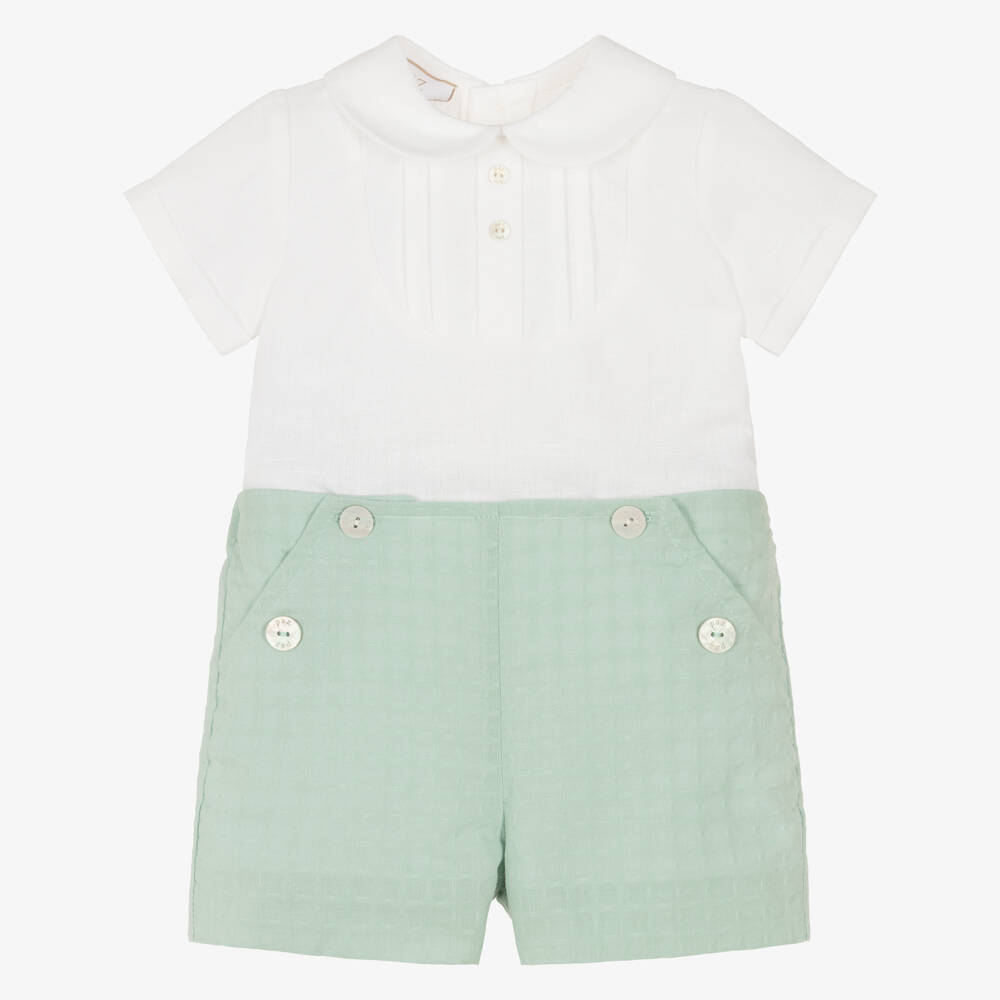 PAZ Rodríguez-Baby Boys Ivory & Aqua Green Linen Buster Suit | Childrensalon Outlet