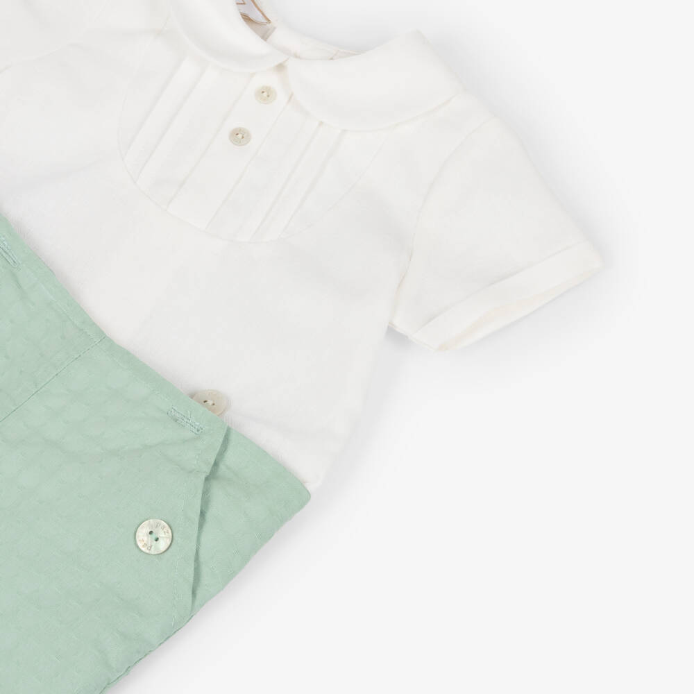 PAZ Rodríguez-Baby Boys Ivory & Aqua Green Linen Buster Suit | Childrensalon Outlet