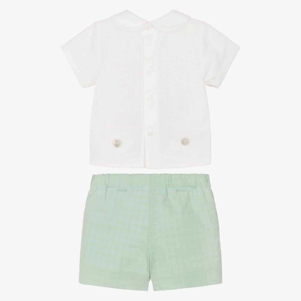PAZ Rodríguez-Baby Boys Ivory & Aqua Green Linen Buster Suit | Childrensalon Outlet