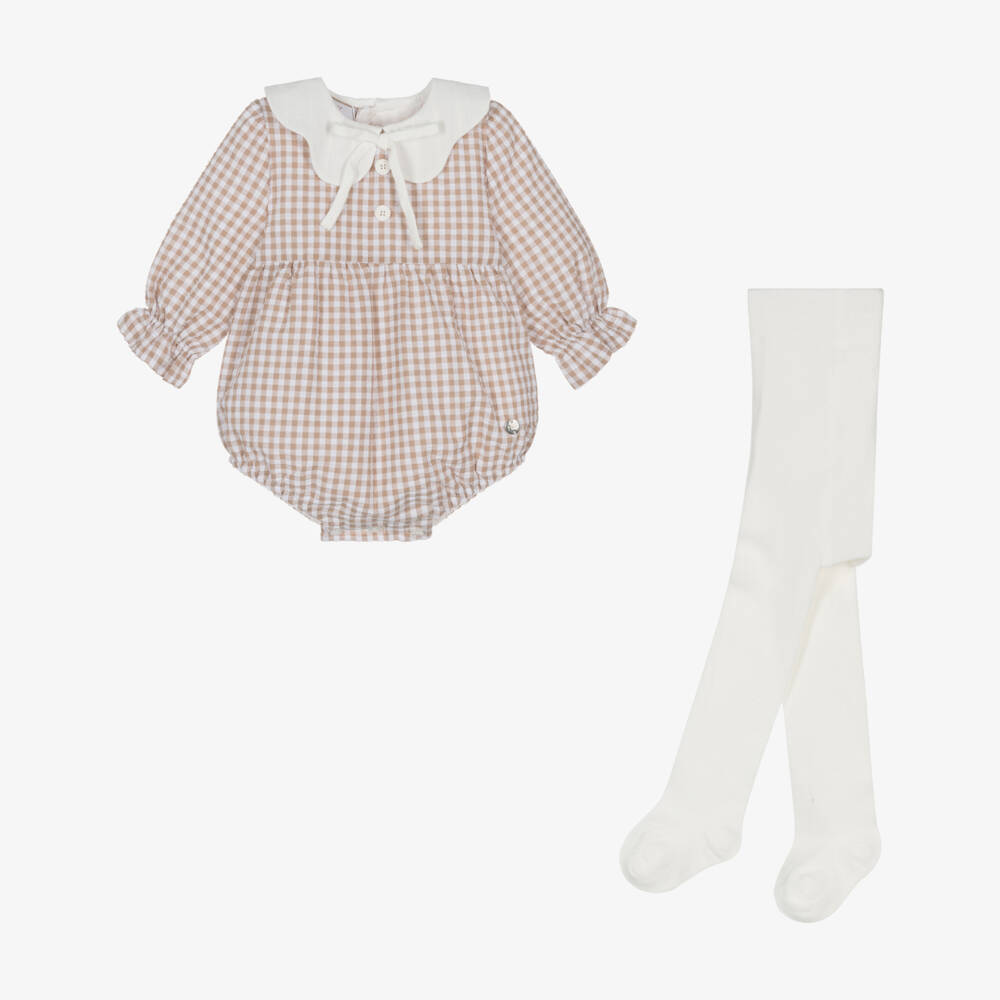 PAZ Rodríguez-Baby Girls Beige Check Seersucker Shortie Set | Childrensalon Outlet