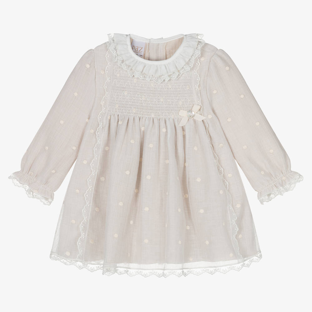 Paz Rodríguez - Baby Girls Beige Cotton Dots Dress | Childrensalon